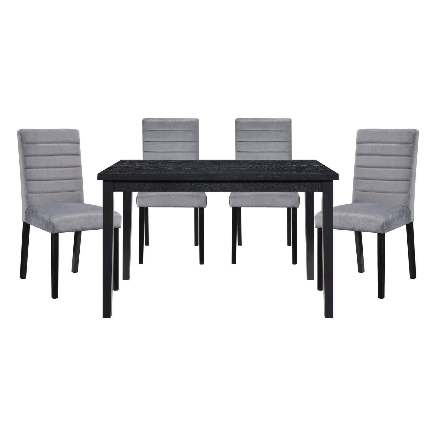Black wood dining table with four upholstered grey velvet chairs