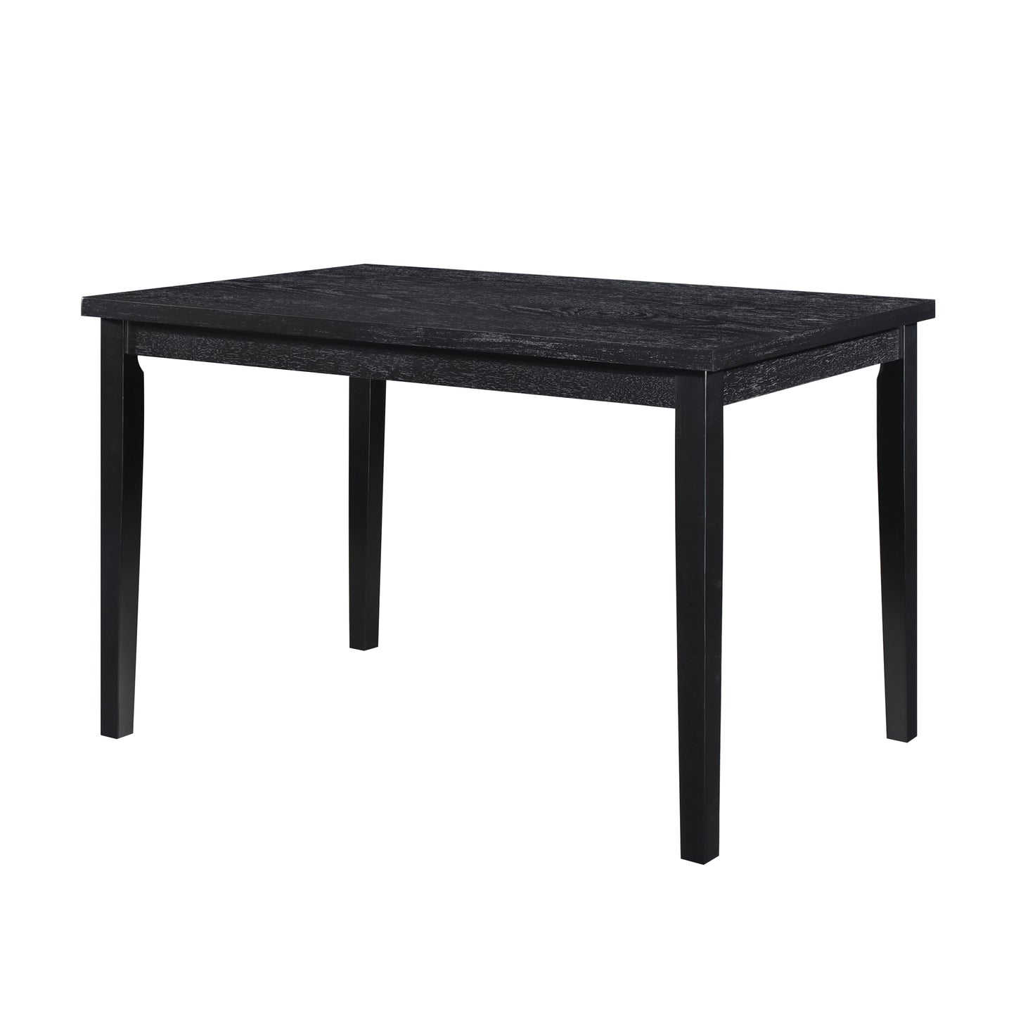 Black wood dining table with a distressed finish and sleek legs perfect for modern kitchens