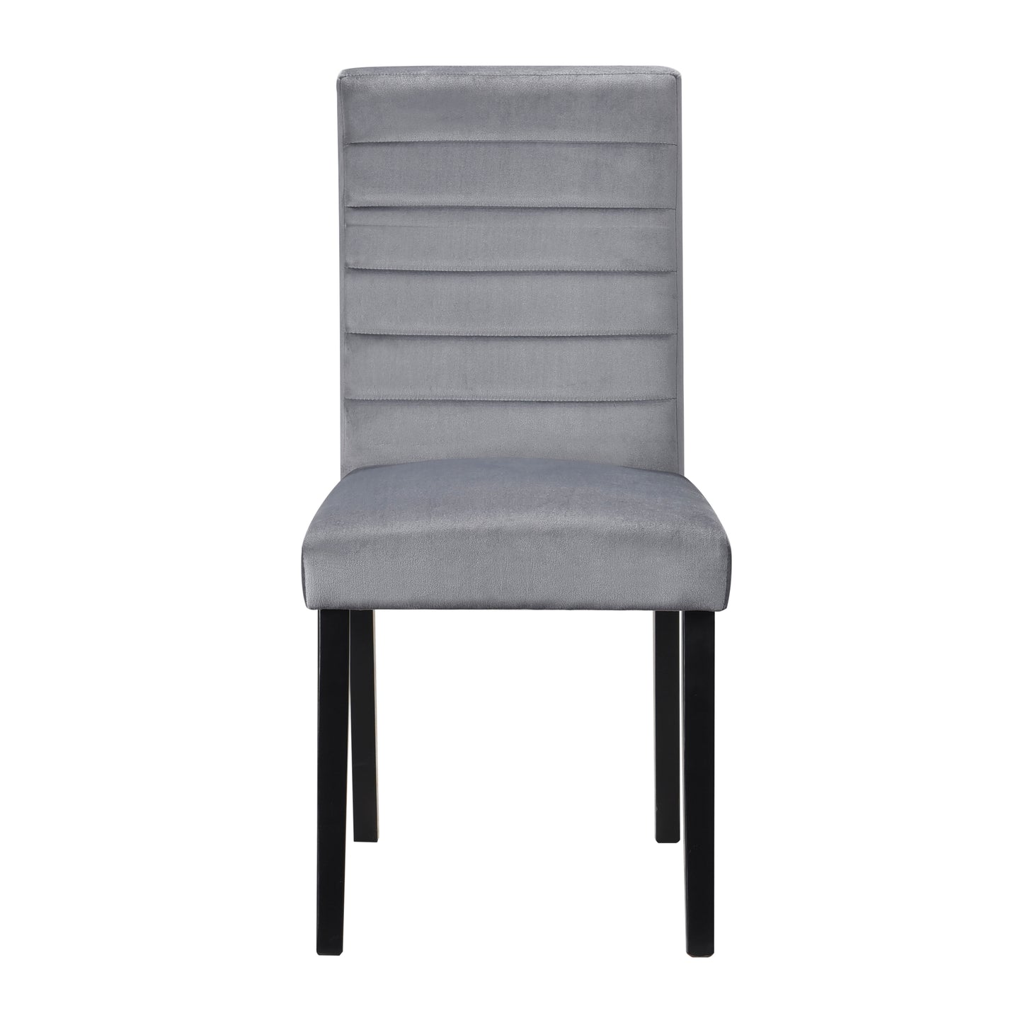 Plush gray velvet dining chair with horizontal channel tufting and black wooden legs