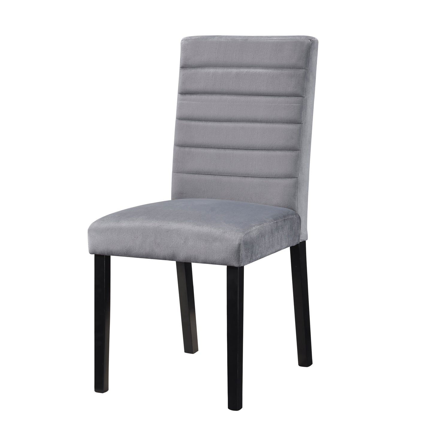 Gray velvet dining chair with horizontal channel tufting and black wooden legs
