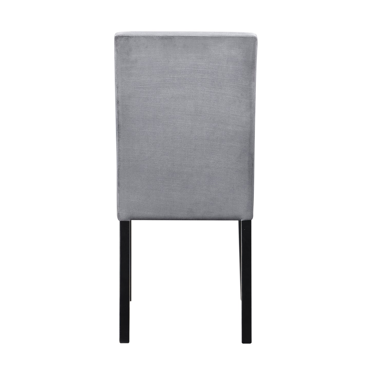 Grey upholstered dining chair with black wooden legs