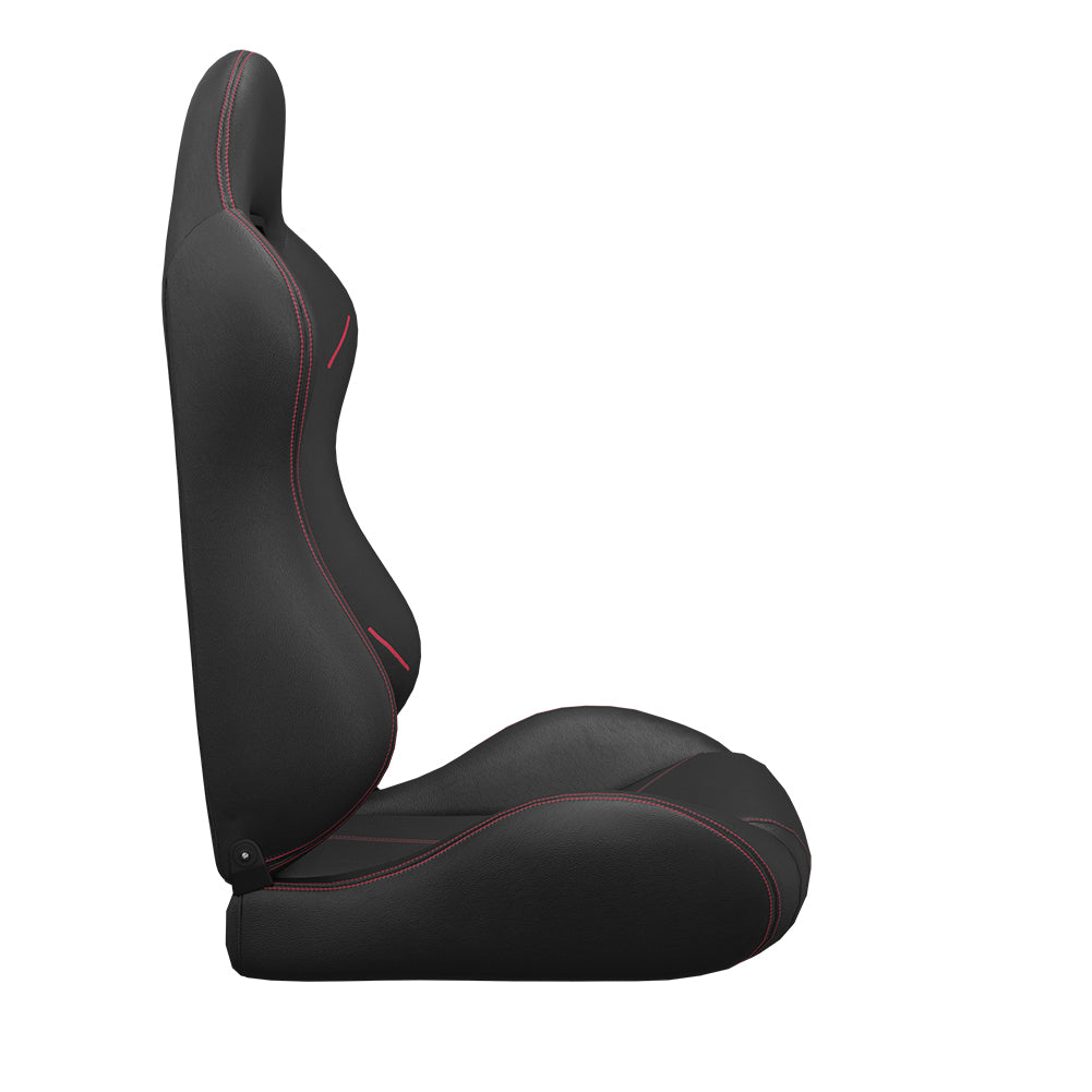 Black racing seat with red stitching detail on a white background