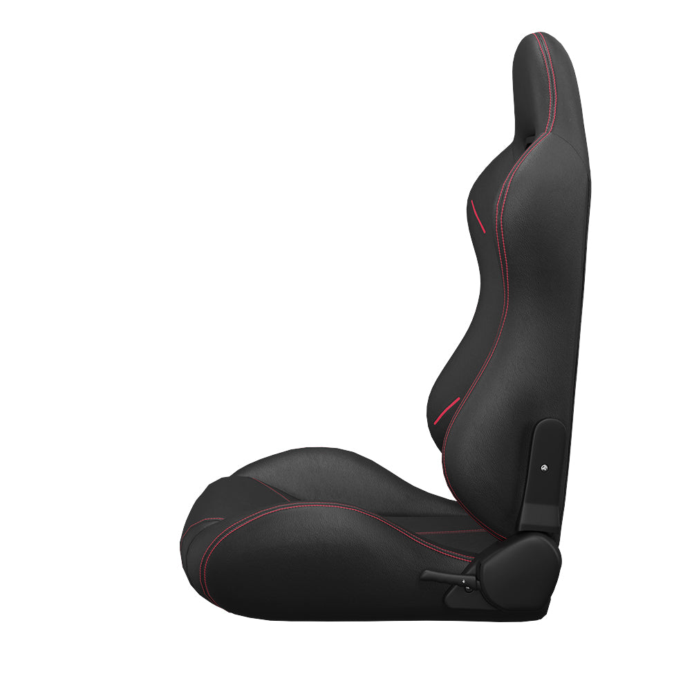 Black racing seat with red stitching ergonomic design for drivers