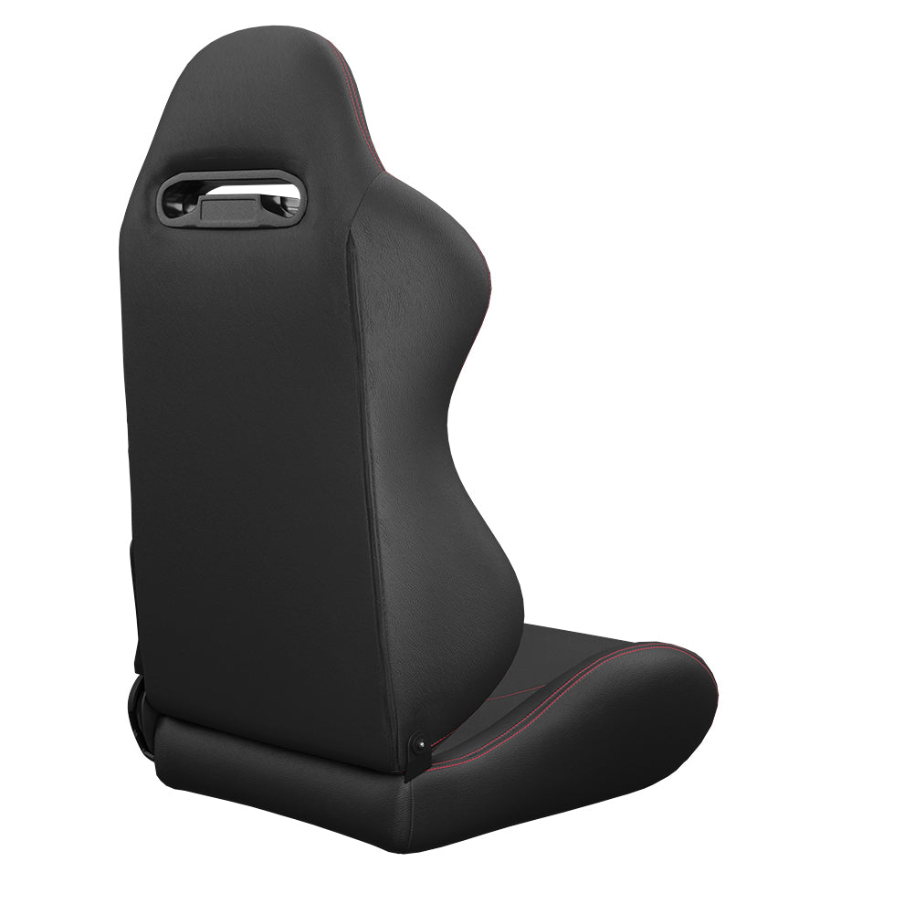 Black racing bucket seat with red stitching ergonomic design