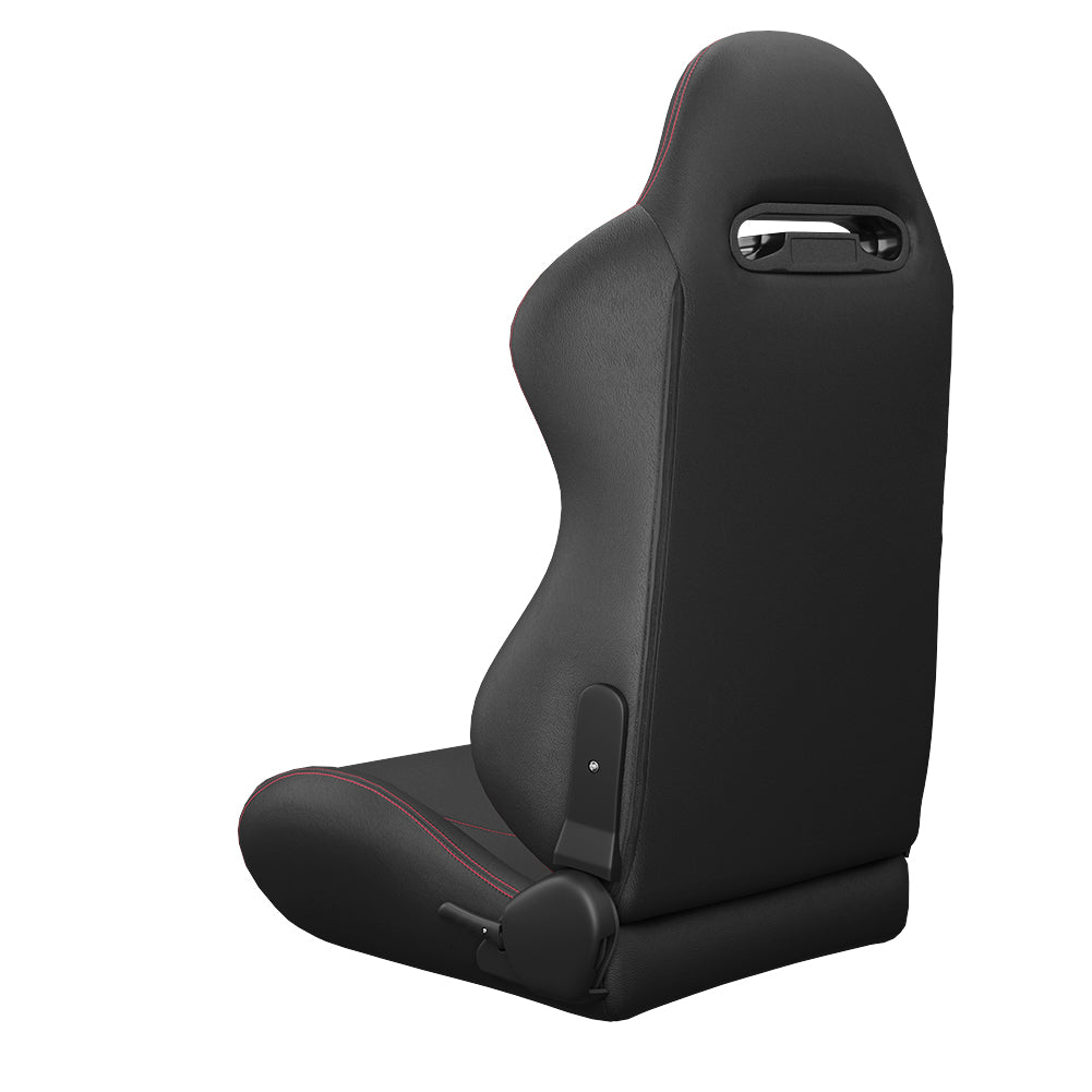 Black racing bucket seat with red stitching ergonomic design for performance driving