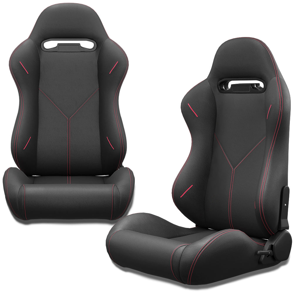 Black racing bucket seat with red stitching designed for enhanced driver support