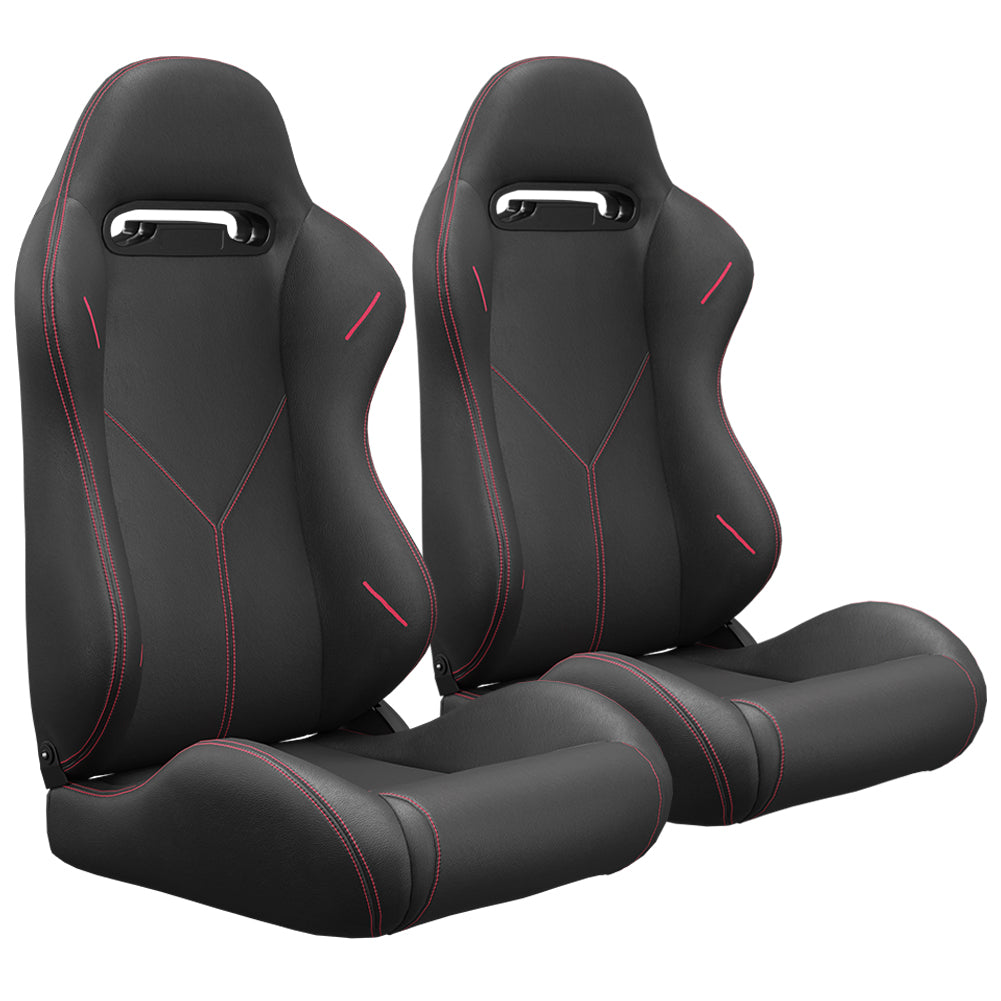 Pair of black racing bucket seats with red stitching and cutouts for racing harnesses