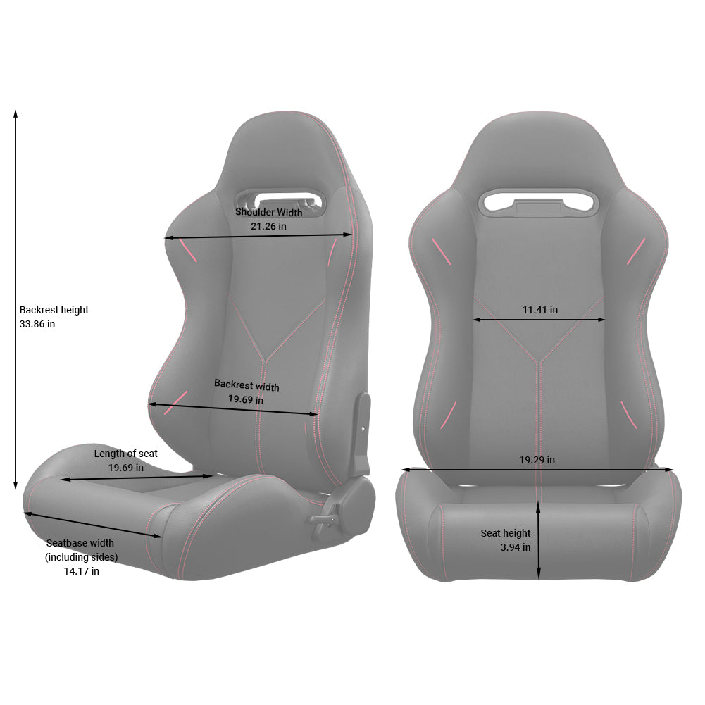 Gray racing seat with pink stitching in shoulder width and in backrest height