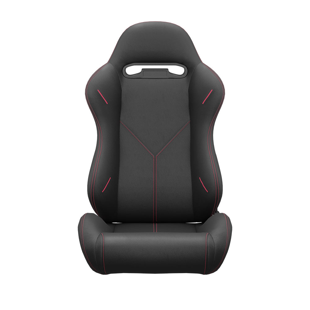 Black racing seat with contrasting red stitching and headrest opening