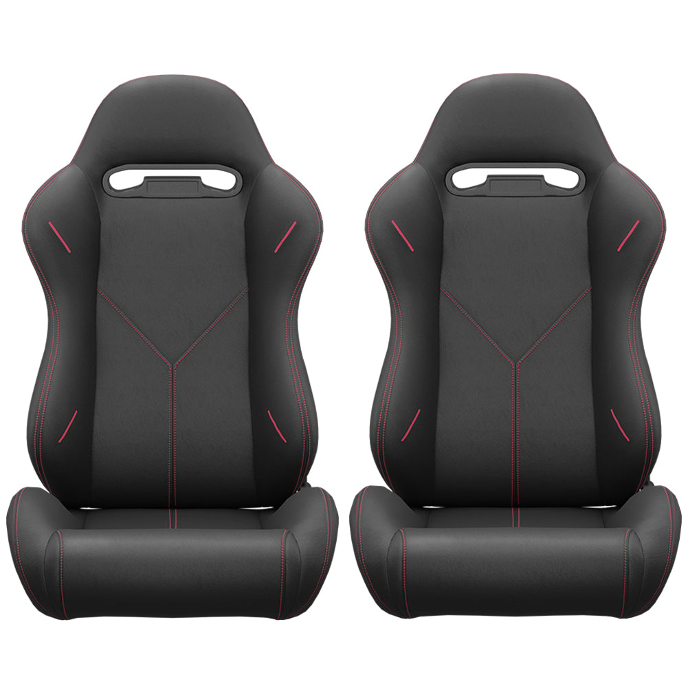 Pair of black racing bucket seats with red stitching