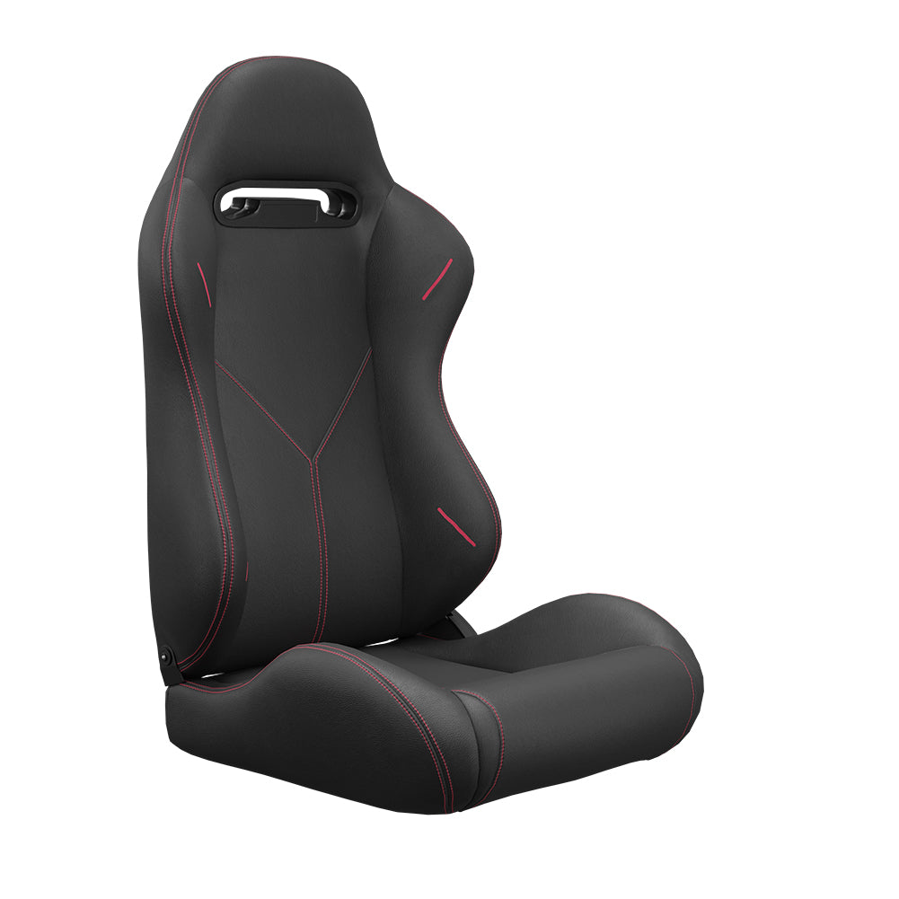 Black racing bucket seat with red stitching detail ergonomic design