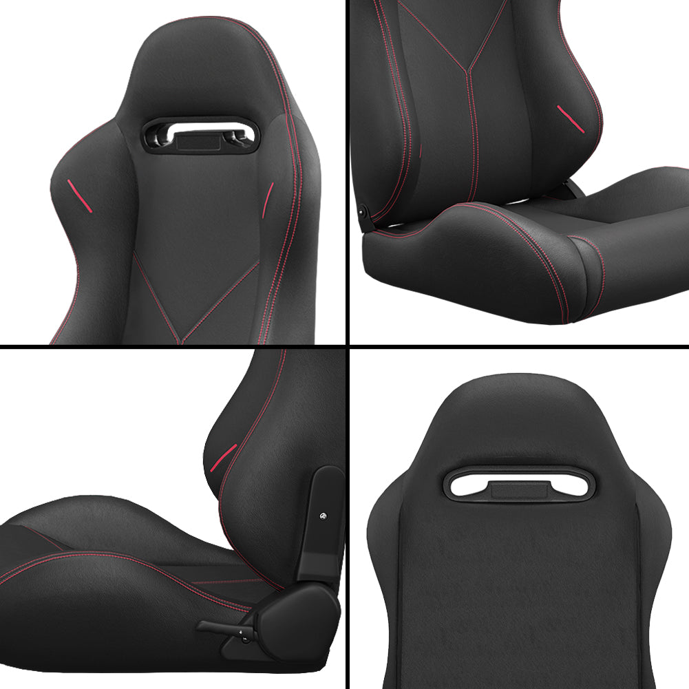 Black racing chair with red stitching ergonomic design and adjustable lumbar support