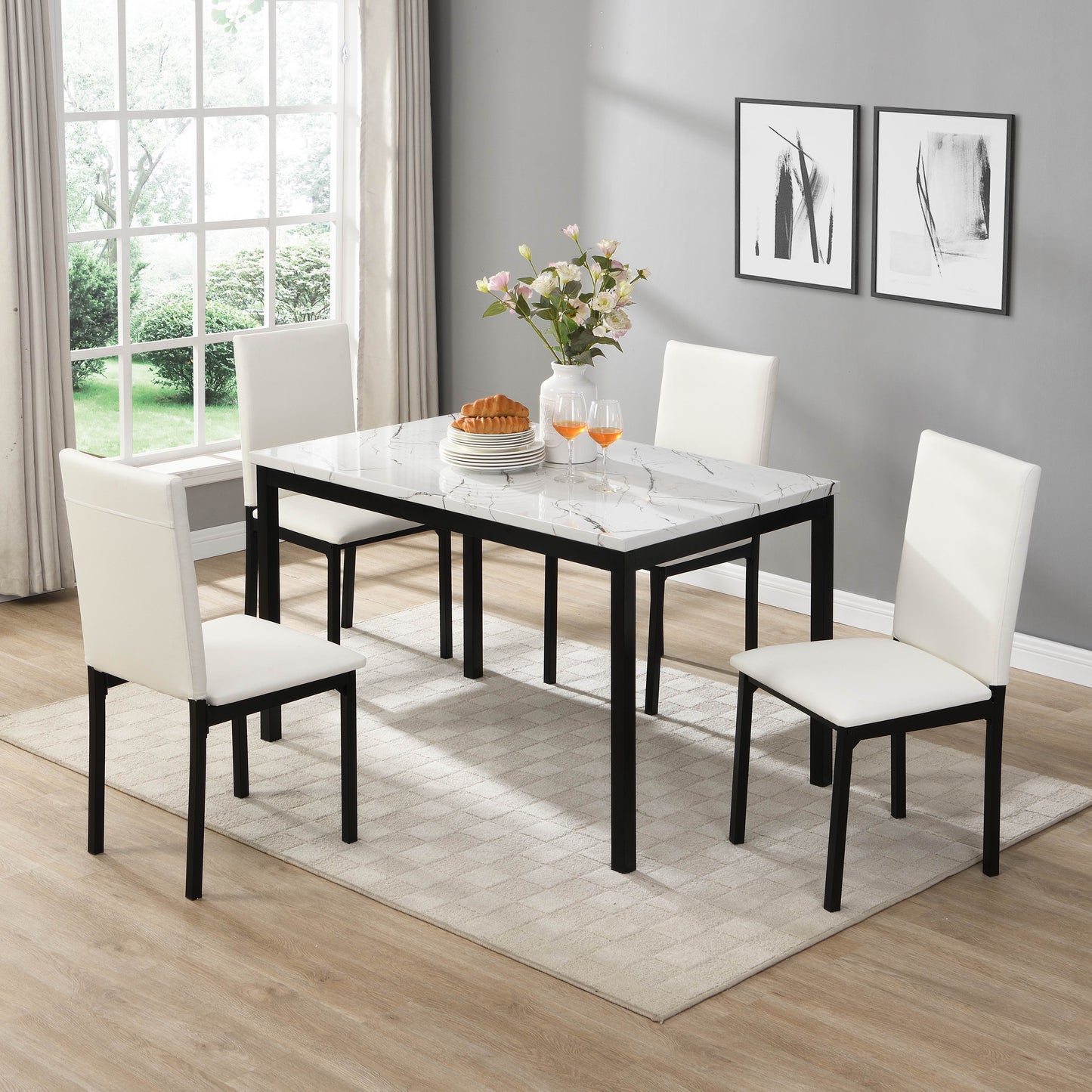 Modern white faux leather dining chairs with black metal legs set of
