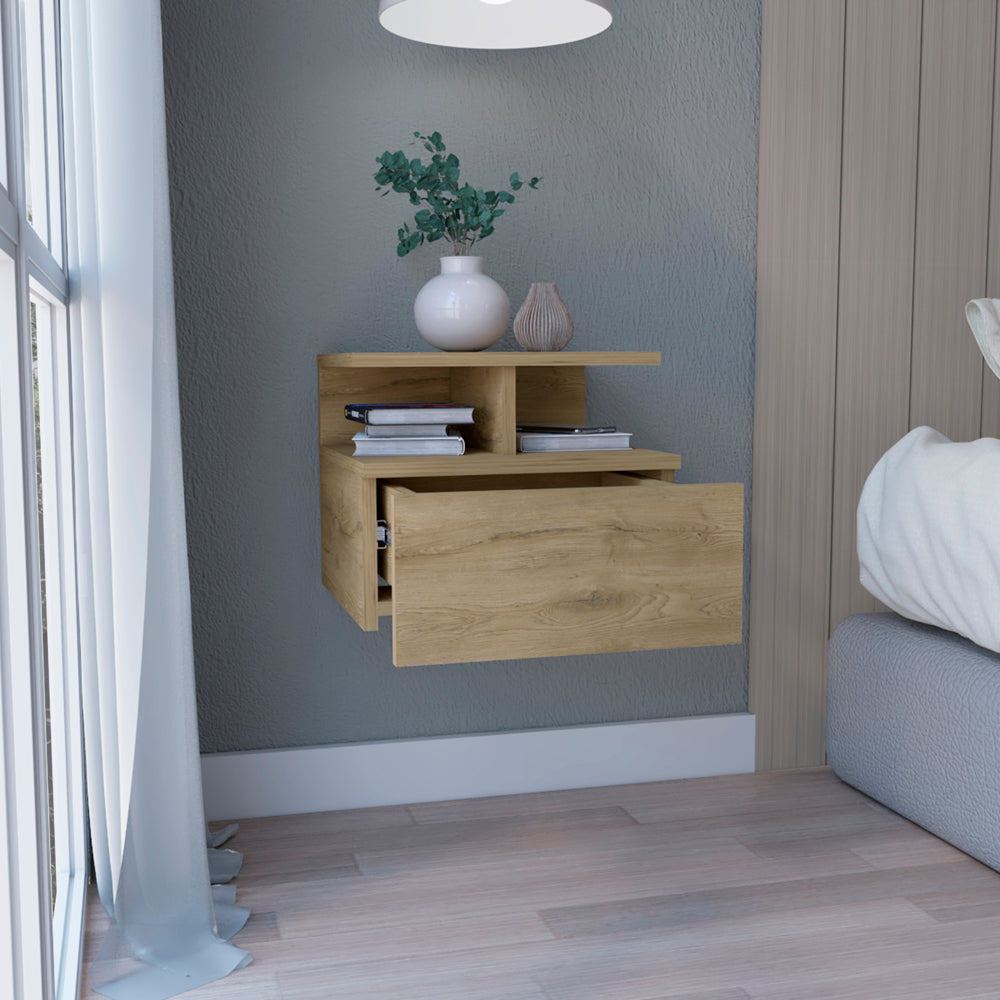 Floating nightstand with light oak finish and open drawer