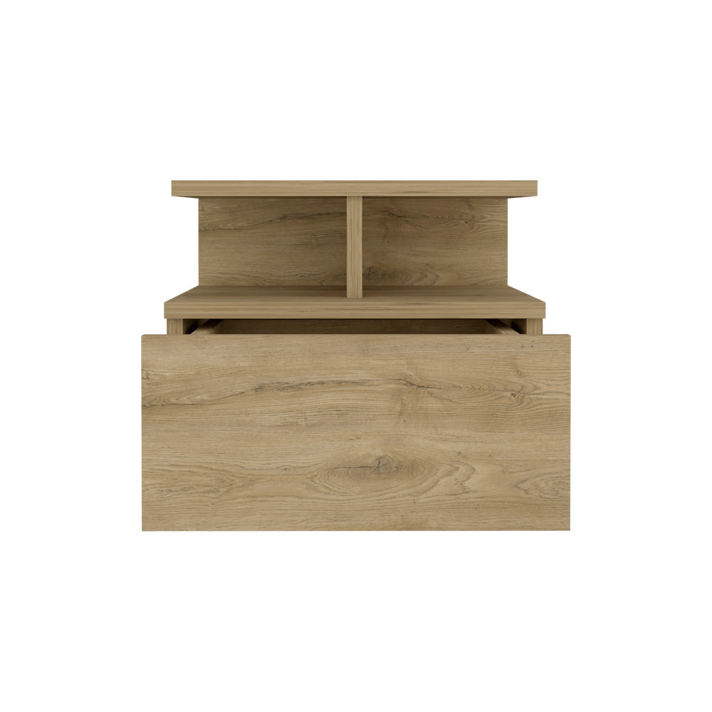 Light oak wood bedside table with open drawer and shelf