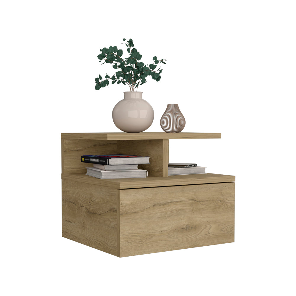 Modern wooden nightstand with open shelf and drawer