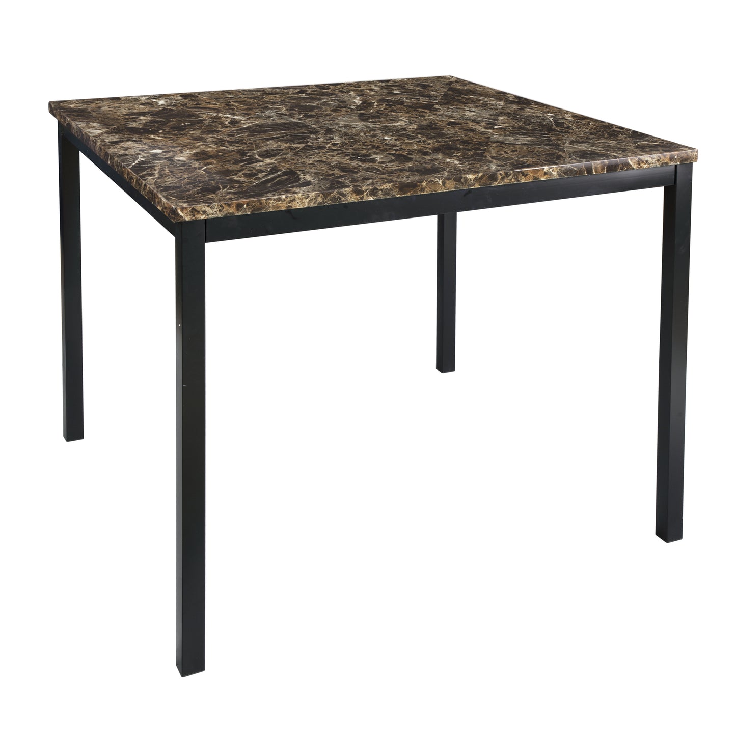 Square dining table with faux marble top and black metal legs