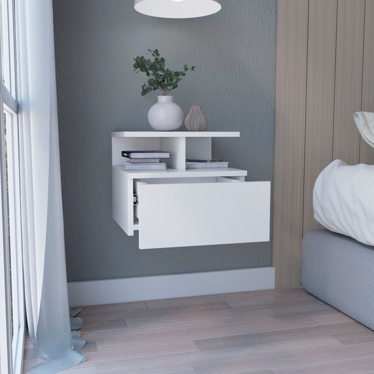 Modern white floating nightstand with open shelf and drawer