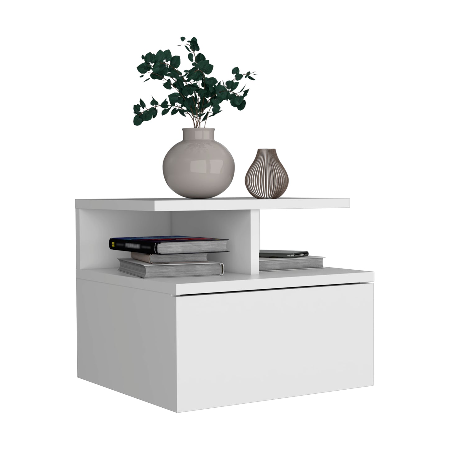 Modern white floating nightstand with drawer