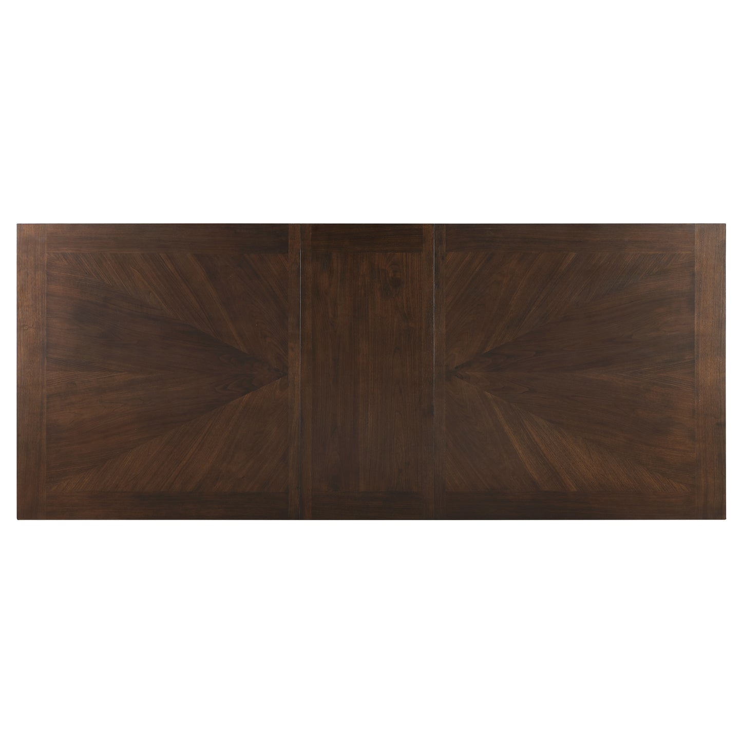 Dark walnut dining table with geometric wood grain pattern and beveled edges characters