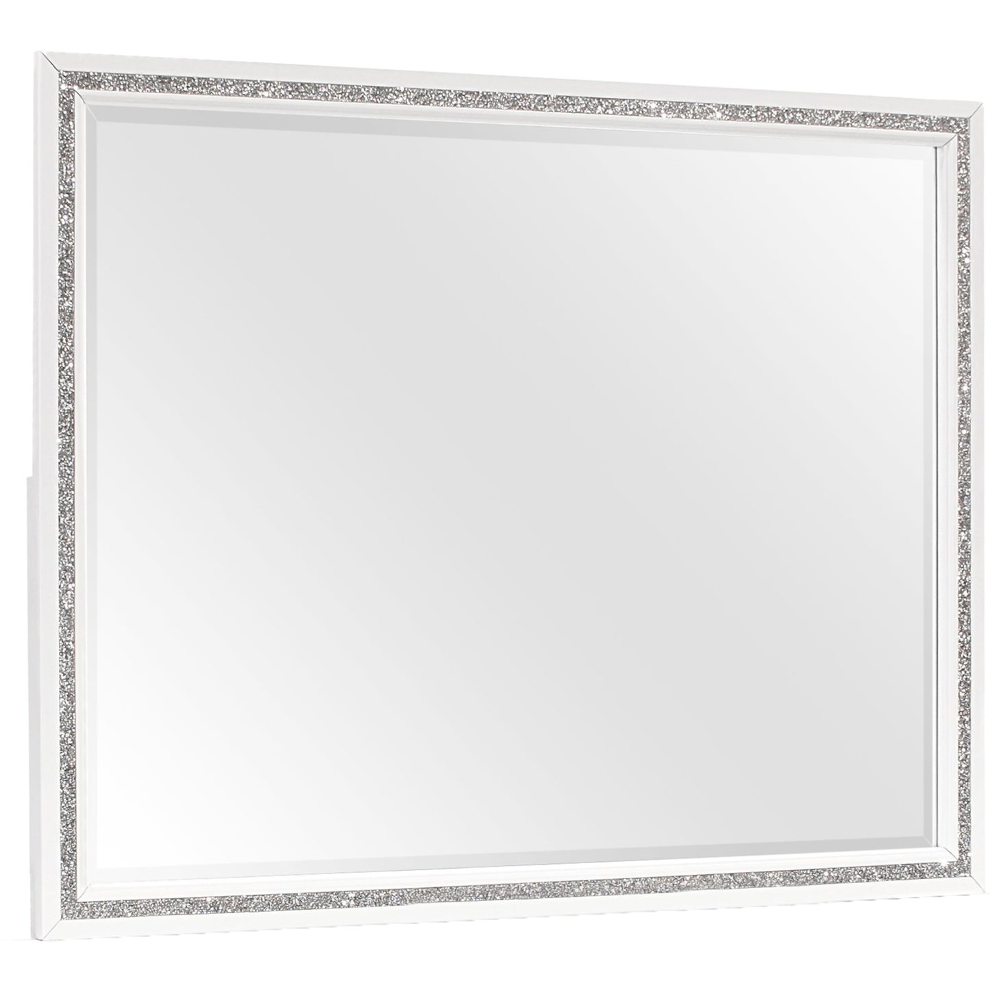 Rectangular wall mirror with a white frame and a crystalencrusted accent strip