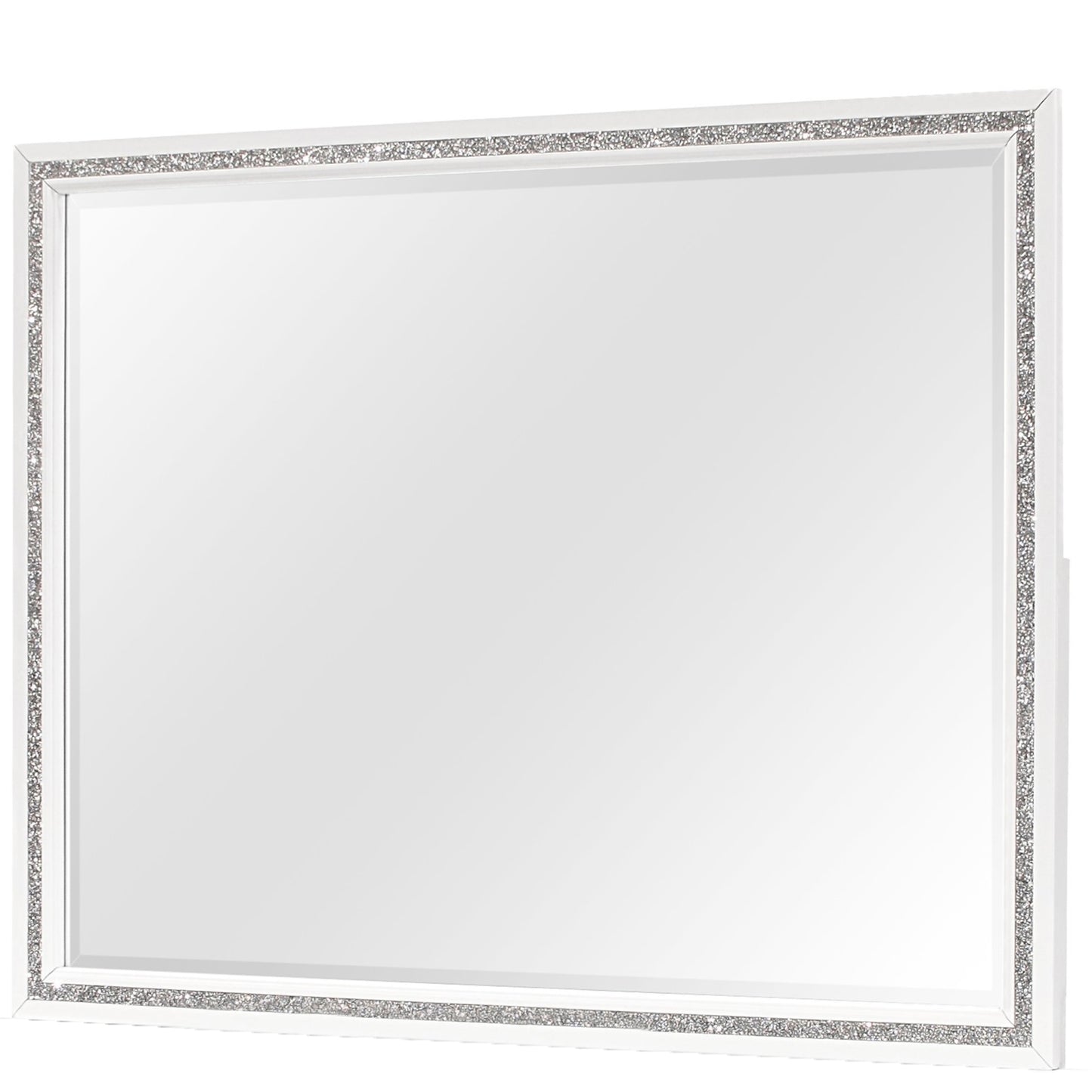 White rectangular wall mirror with a beveled edge and a crystalencrusted frame