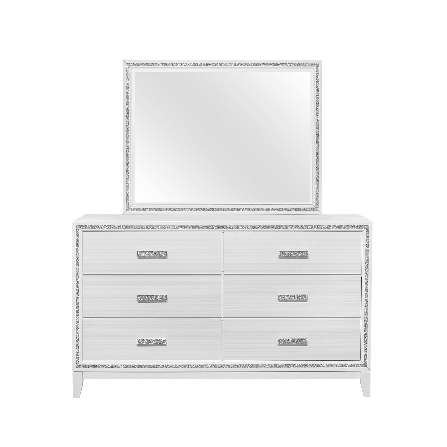 White dresser with drawers and mirrored trim perfect for bedroom storage