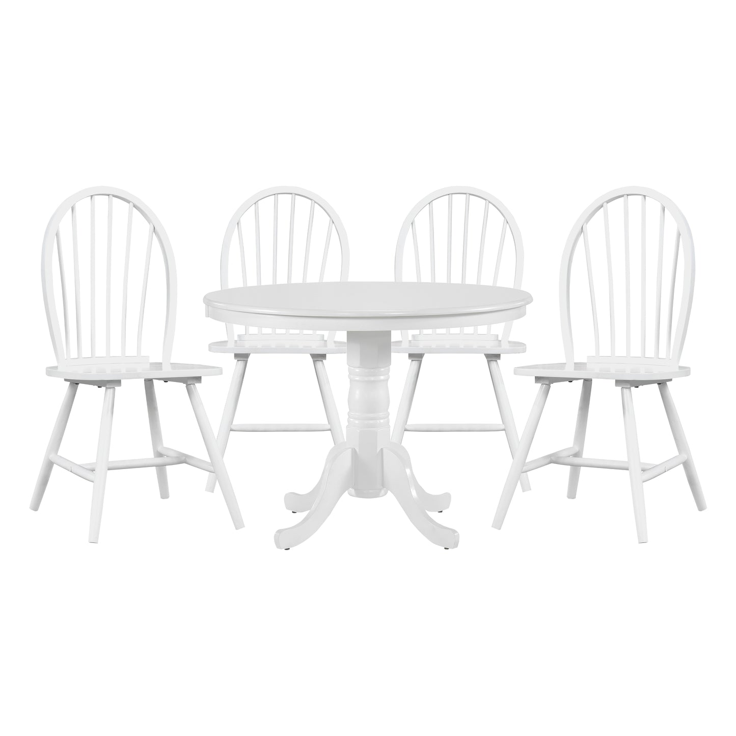Classic white wooden pedestal dining table with four spindleback chairs