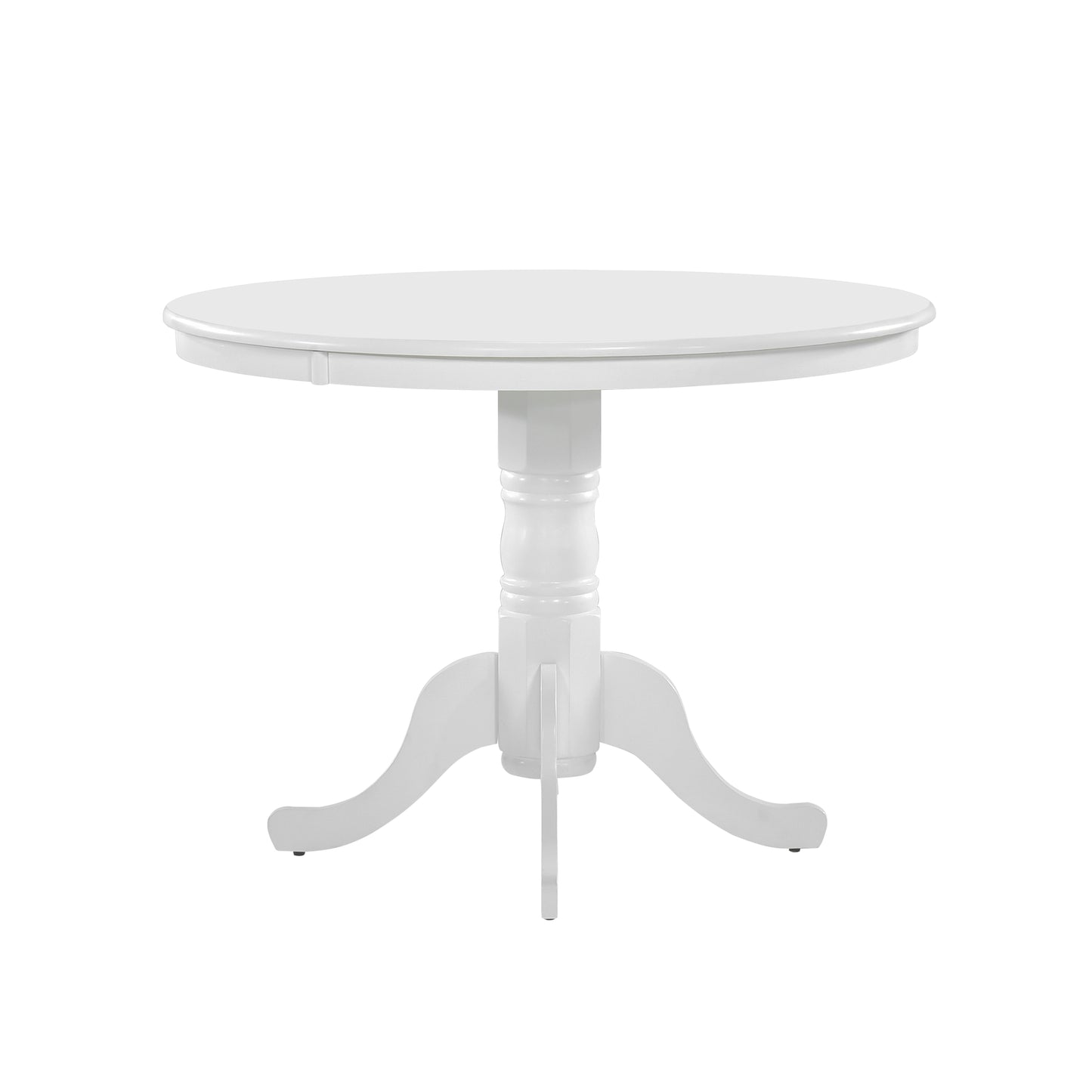 Round white pedestal dining table with a pedestal base and ornate legs for compact spaces