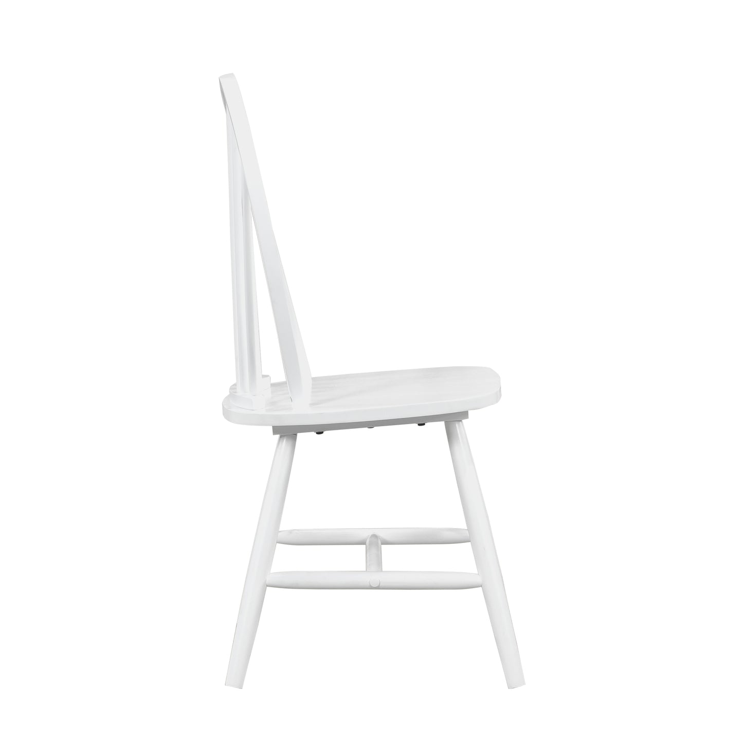 White wooden spindleback dining chair from the side profile