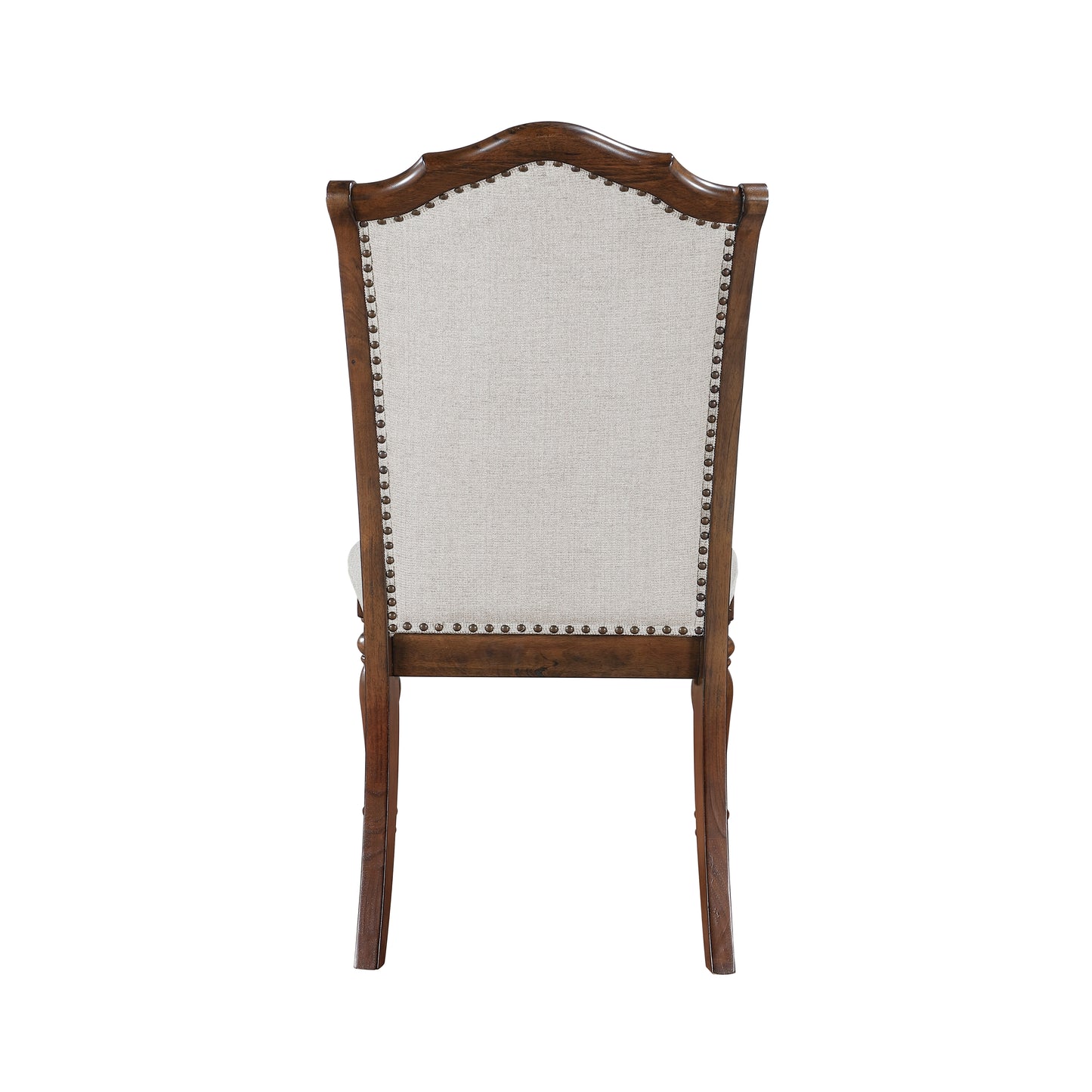 Tufted back dining chair with curved wooden frame and nailhead trim