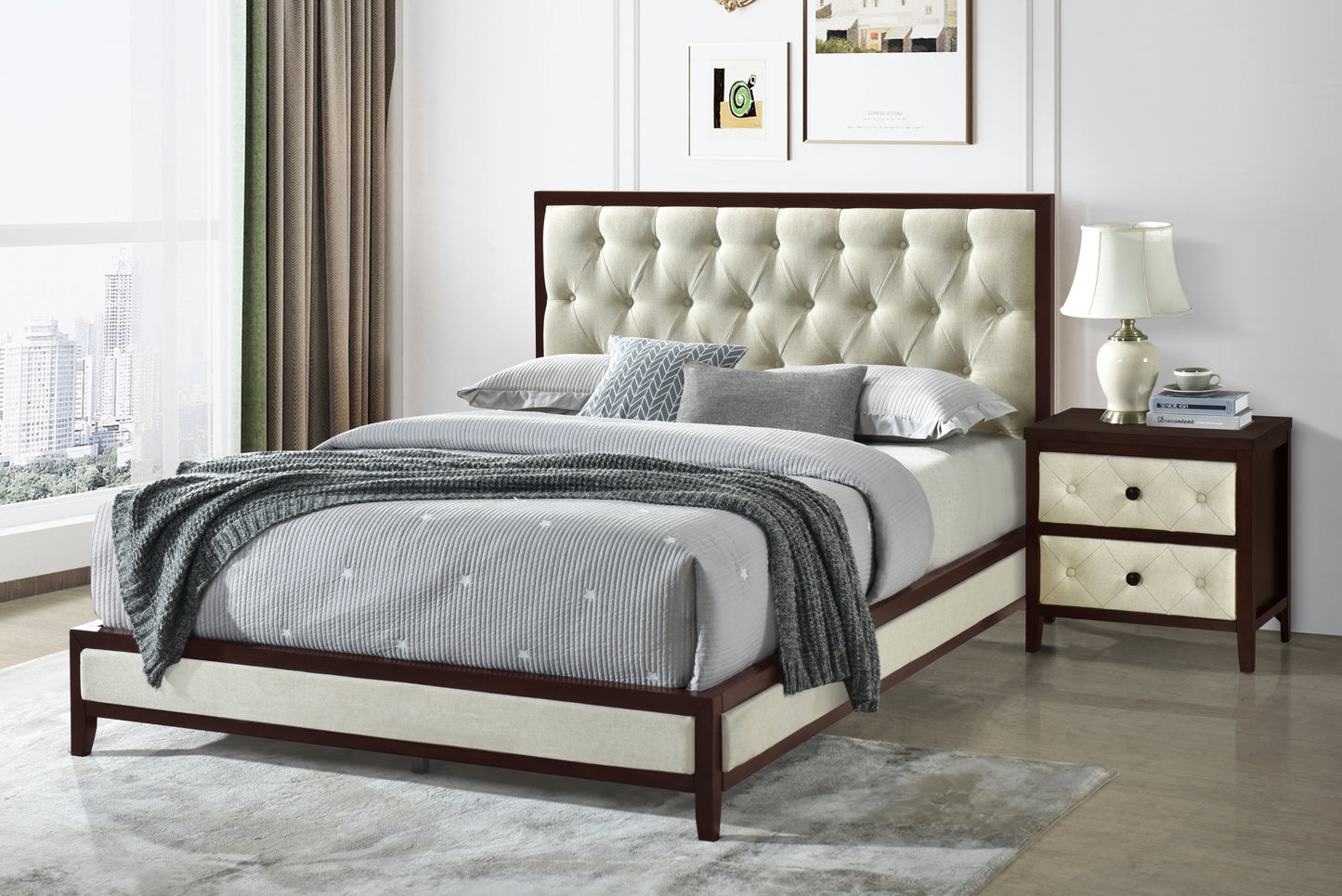 Tufted upholstered king bed frame with dark wood trim and beige fabric side rails