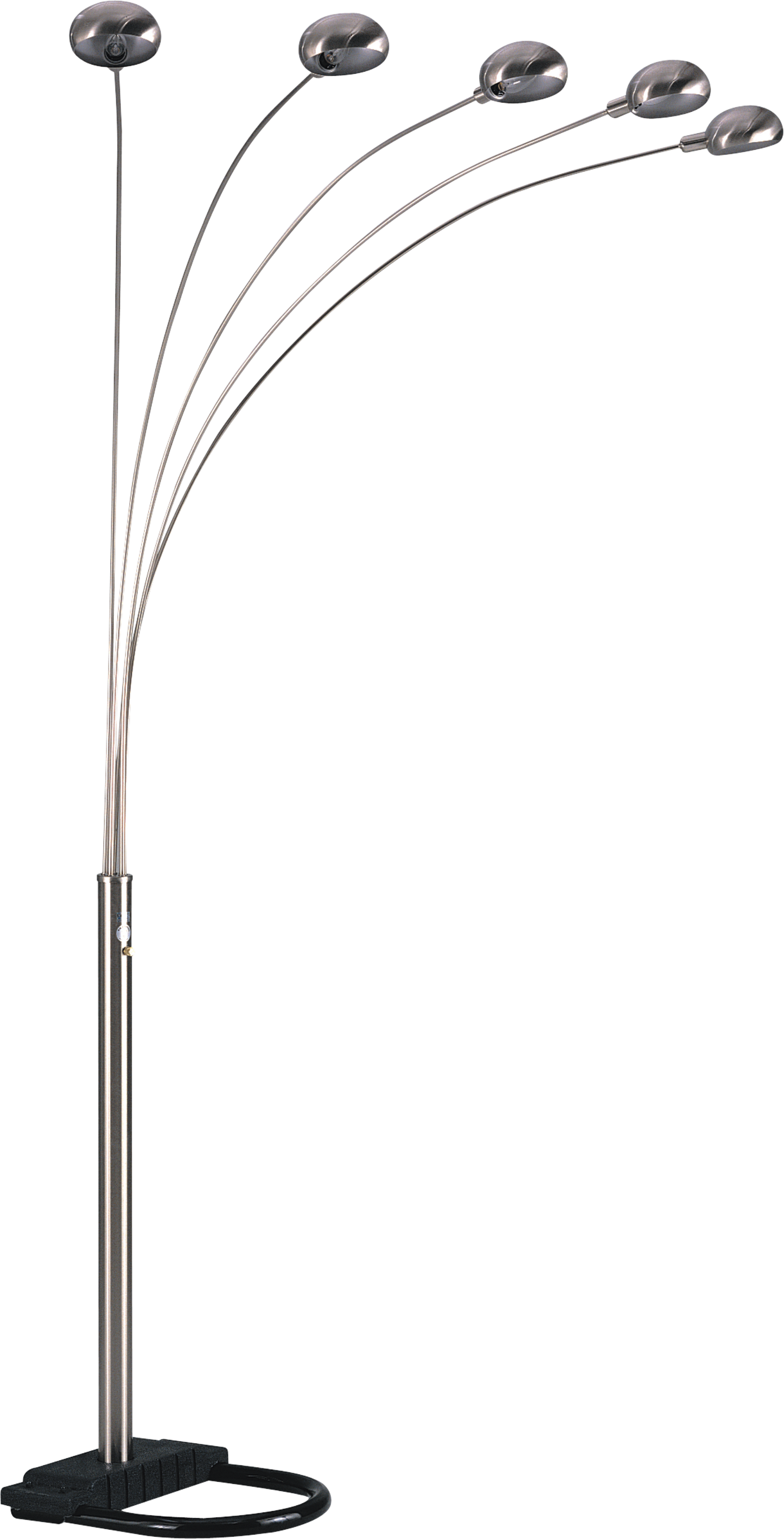 Modern silver arc floor lamp with five adjustable brushed nickel dome lights and a black weighted base