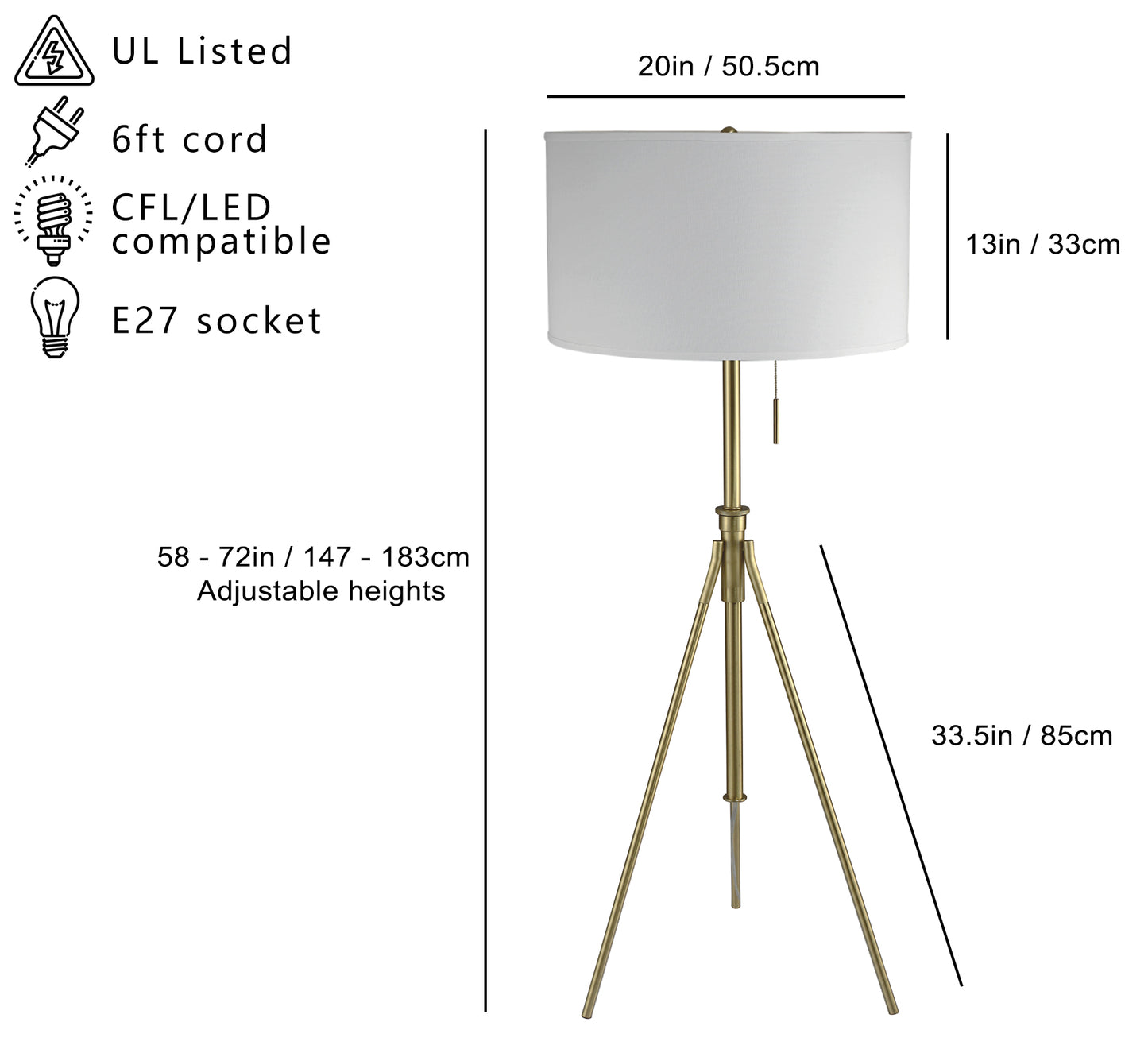 Adjustable height brass tripod floor lamp with white drum shade inches wide