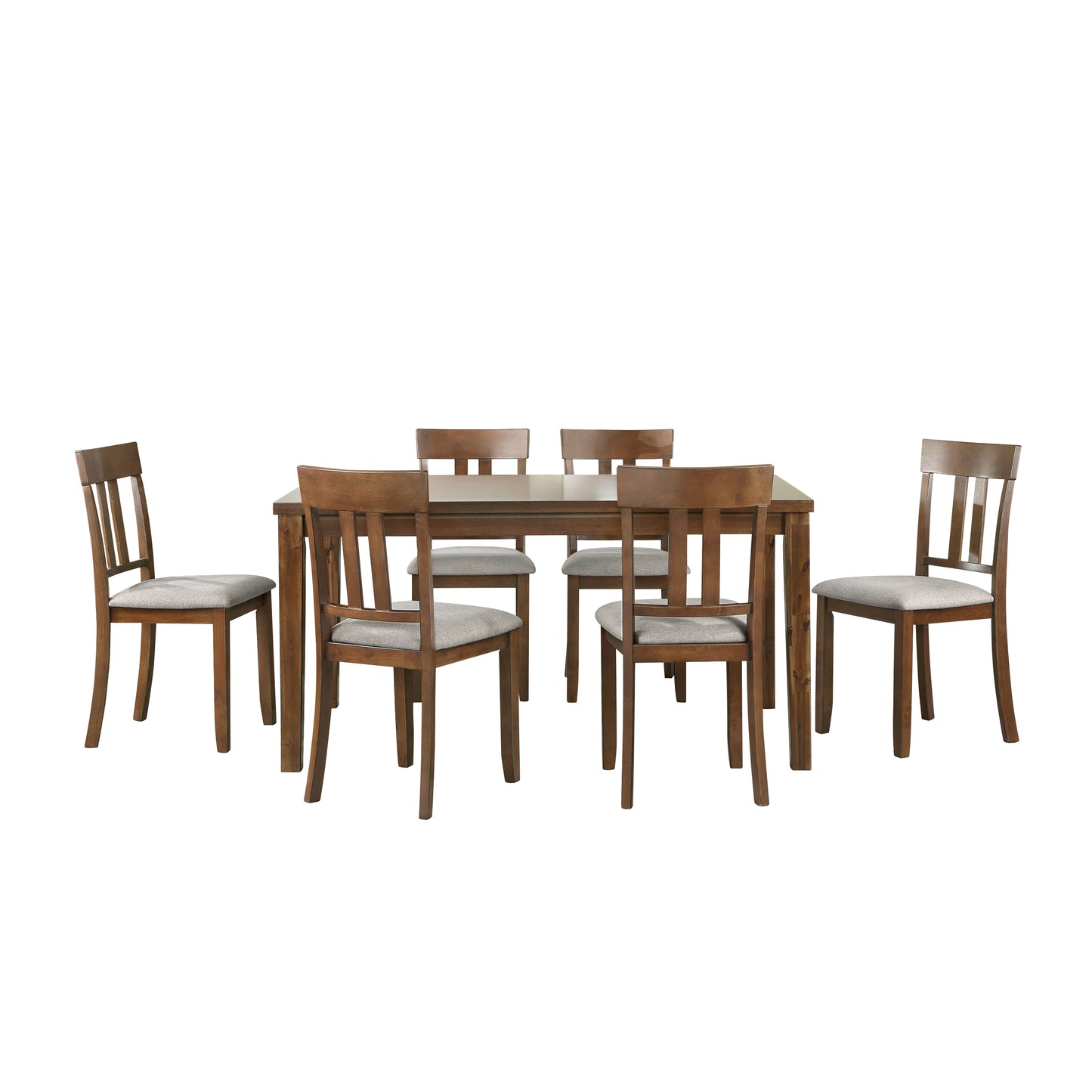 Brown wood dining set with six upholstered chairs and a rectangular table