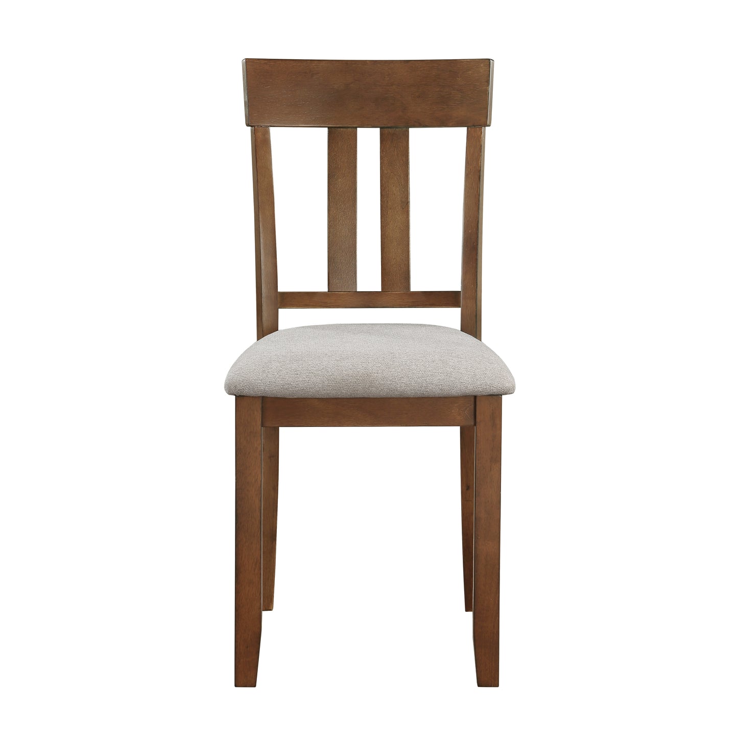 Brown wooden dining chair with a light grey upholstered seat perfect for modern kitchens