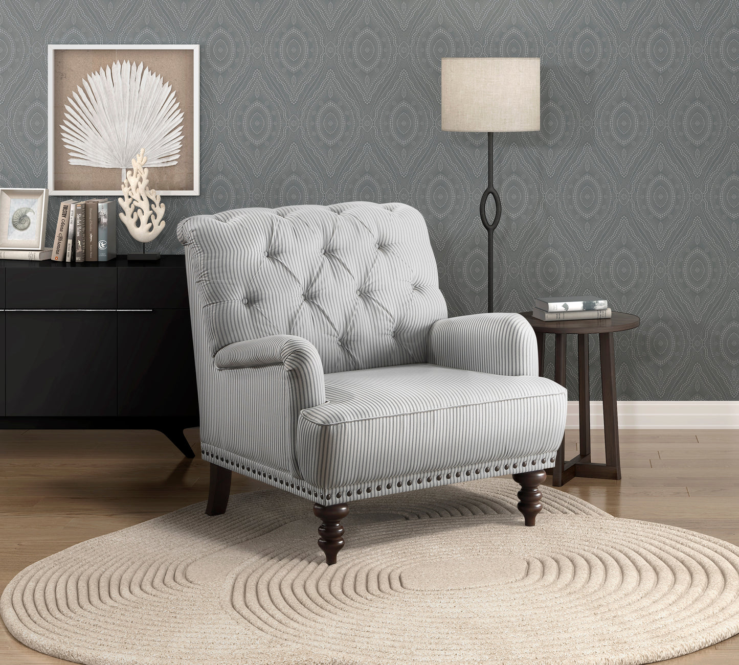 White pinstripe upholstered armchair with diamond tufting and nailhead trim a coastal accent