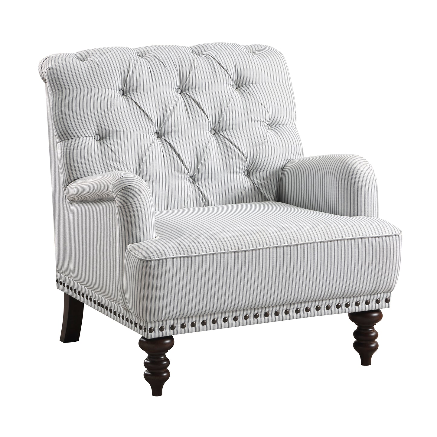 Tufted armchair with grey and white pinstripe upholstery and dark wood legs