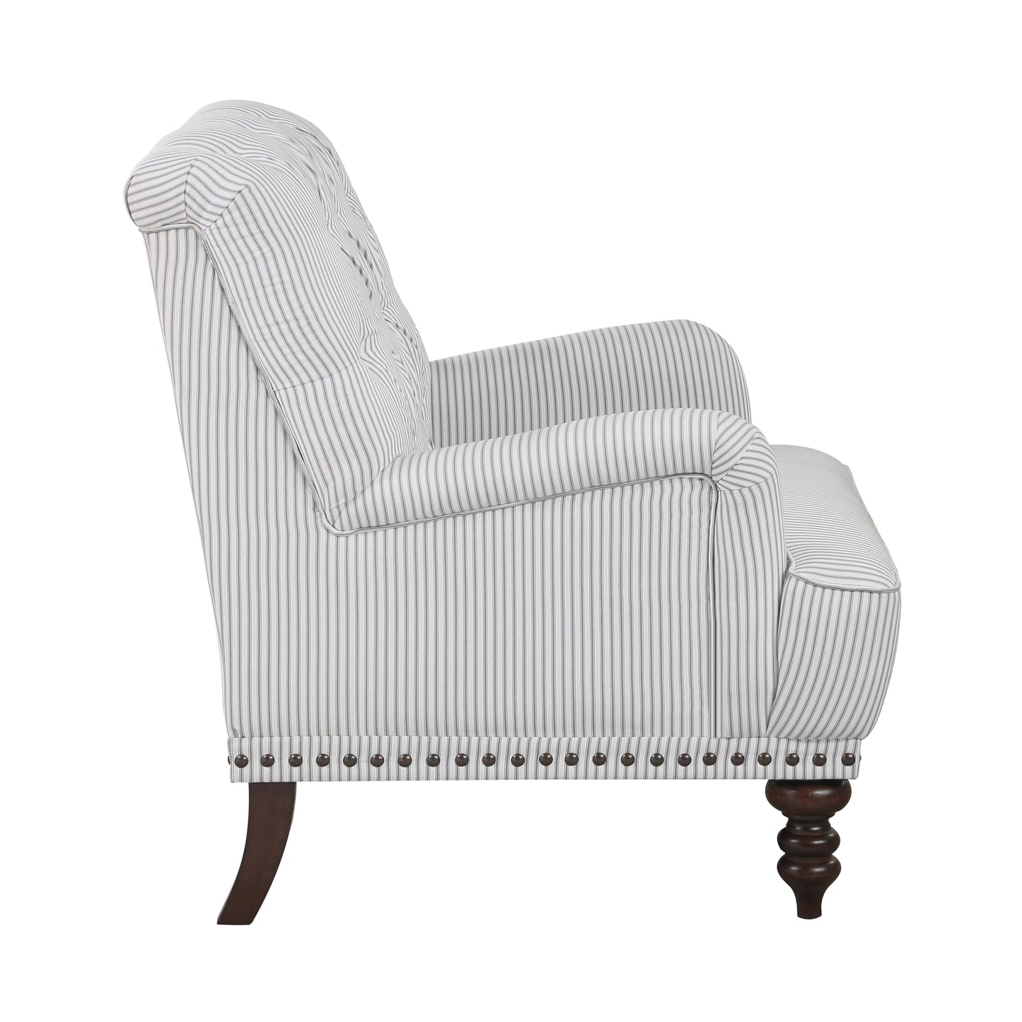 Classic armchair with grey and white pinstripe upholstery and dark wooden legs