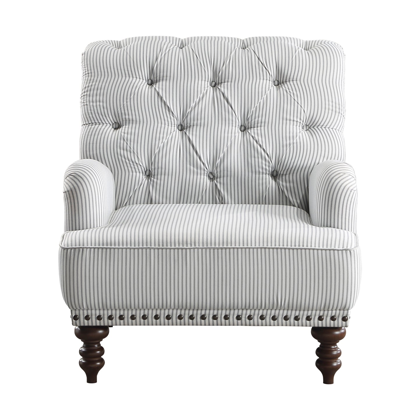 Tufted armchair in gray and white pinstripe fabric with dark wood legs and nailhead trim accent