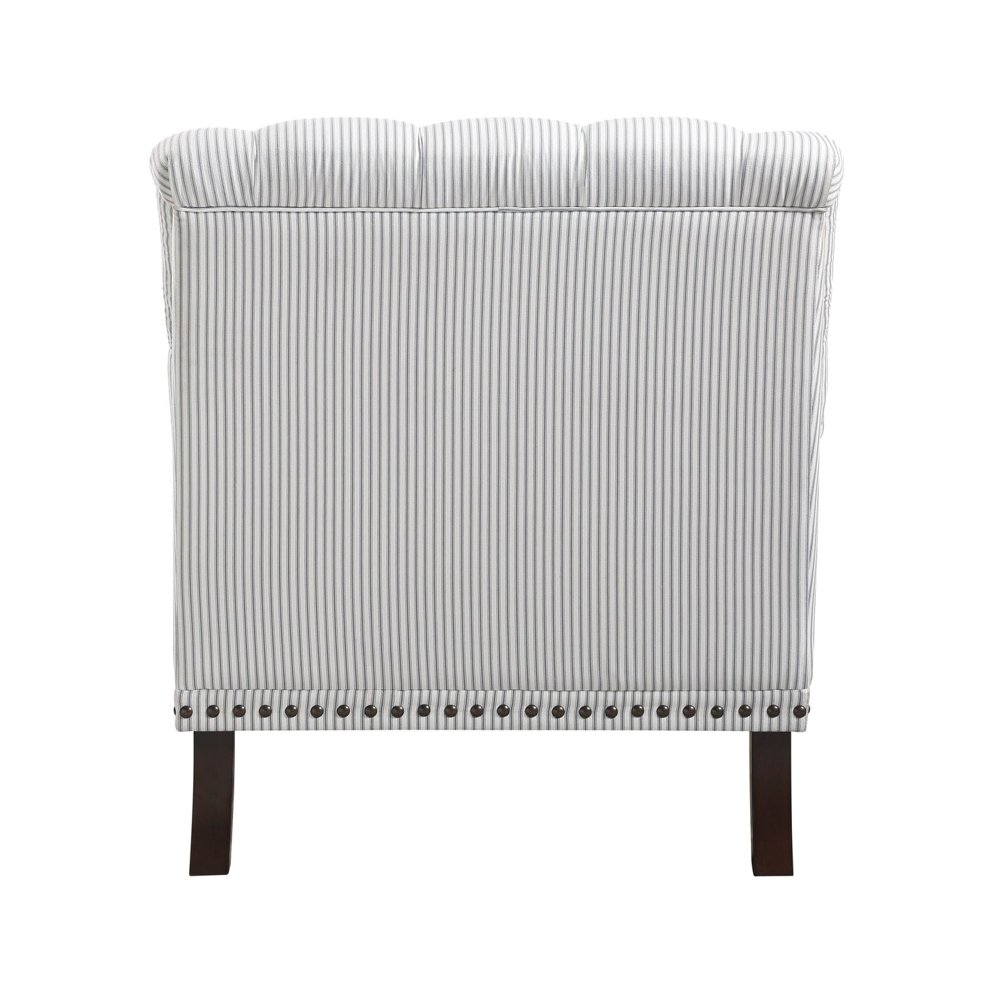 White tufted armchair with grey pinstripe upholstery and dark wooden legs