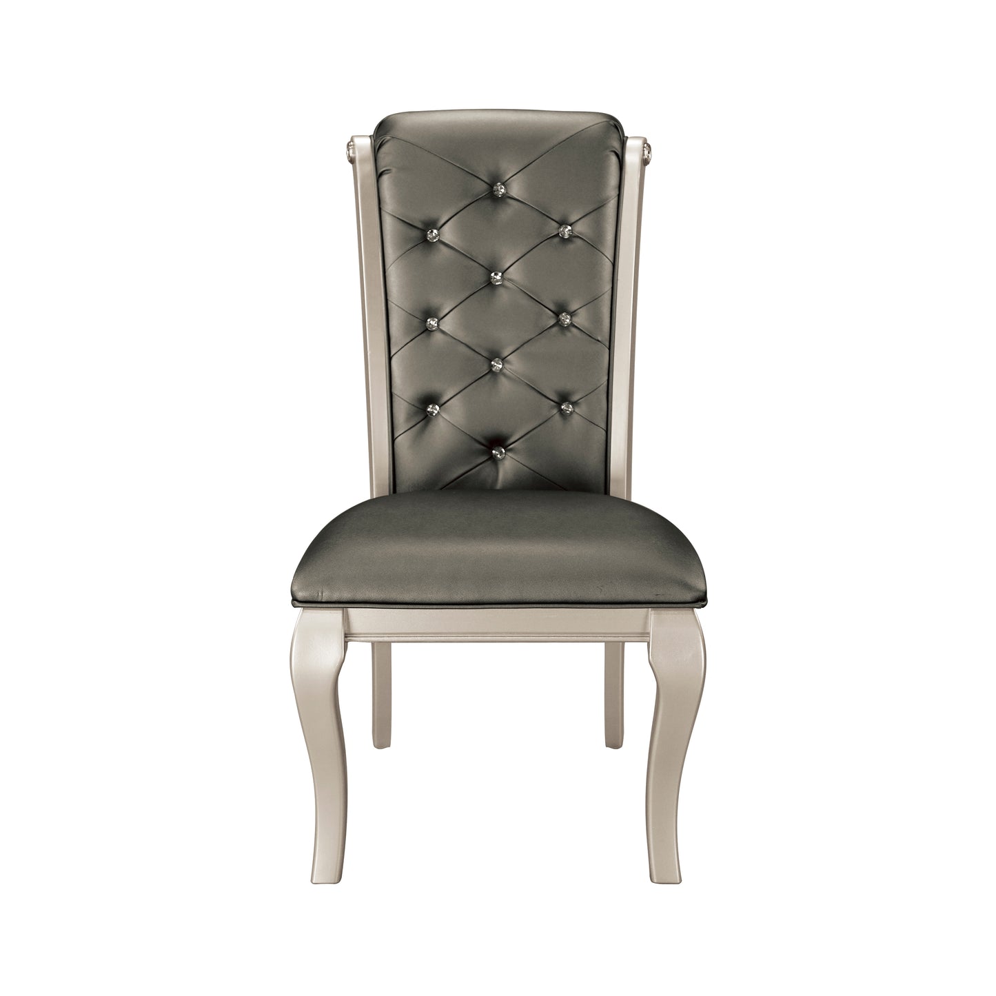Tufted grey velvet dining chair with crystal accents and ornate silver legs