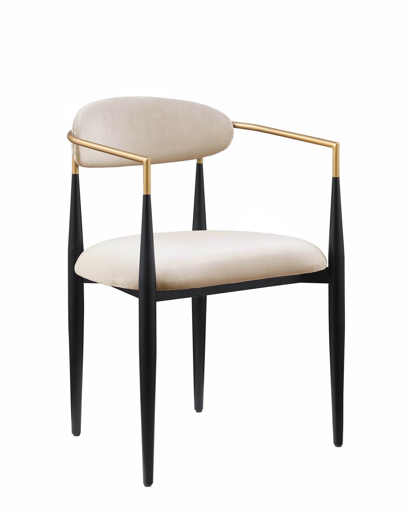Modern armchair with cream velvet upholstery and brushed gold arms