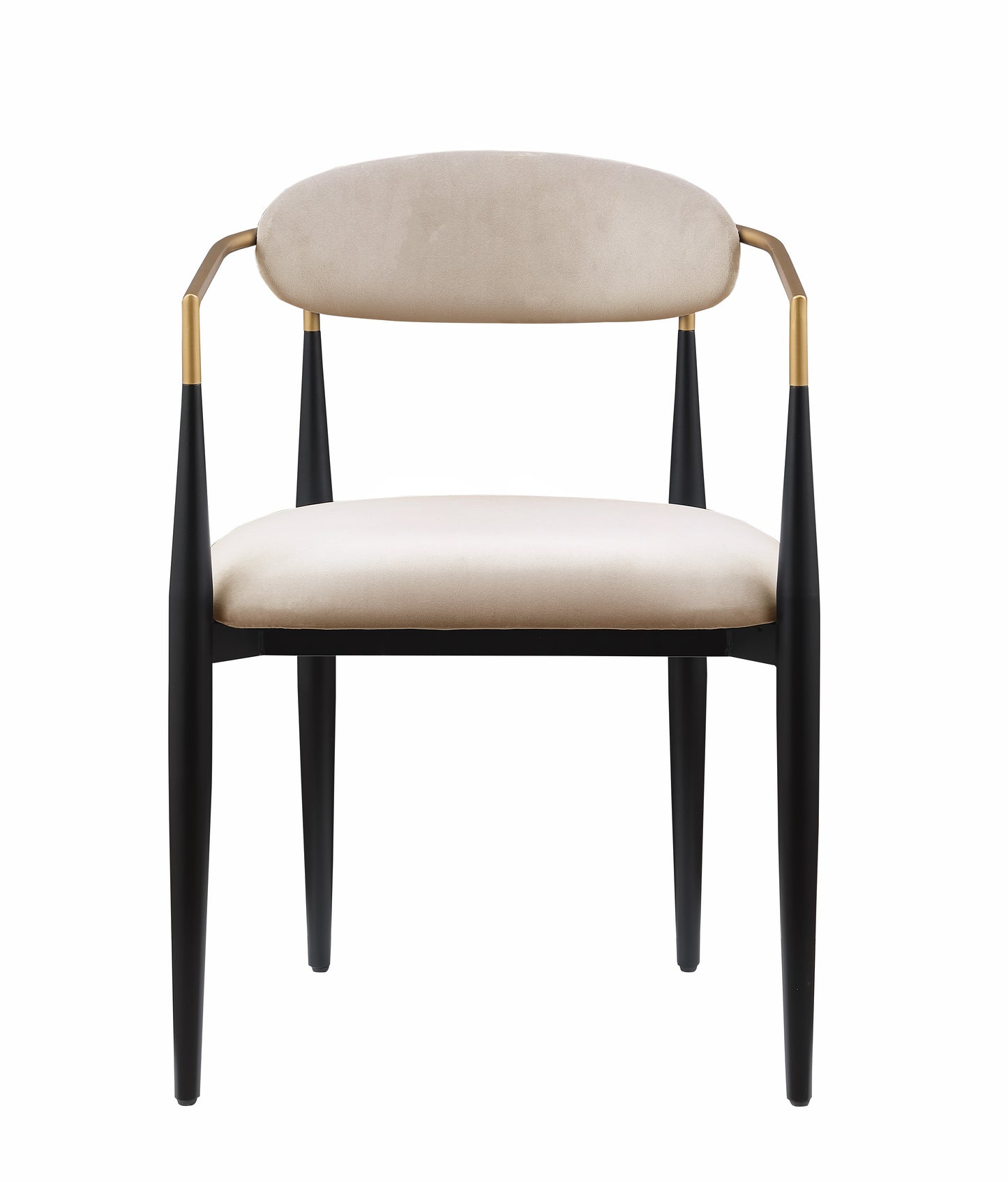Beige velvet accent chair with black tapered legs and gold armrest accents perfect for modern dining rooms