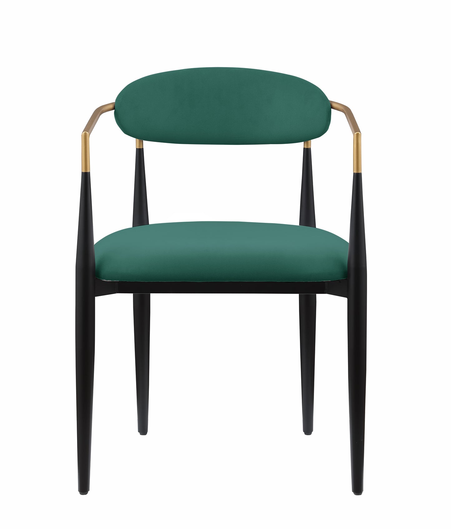 Emerald green velvet accent chair with black tapered legs and gold armrest accents