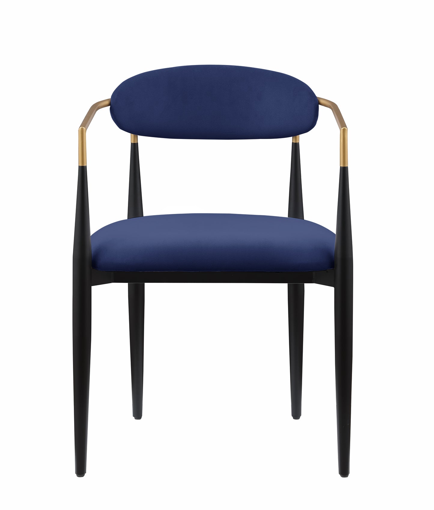 Dark blue velvet accent chair with black tapered legs and gold armrest accents