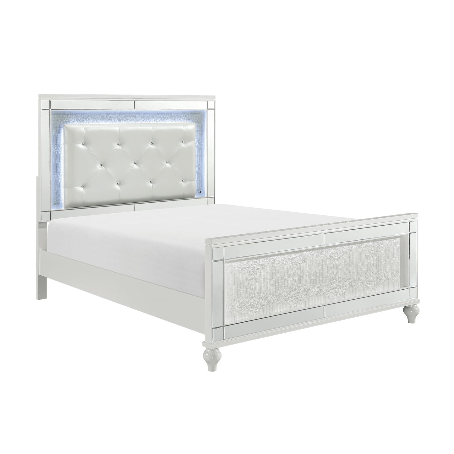 White upholstered bed frame with LED lights and mirrored accents
