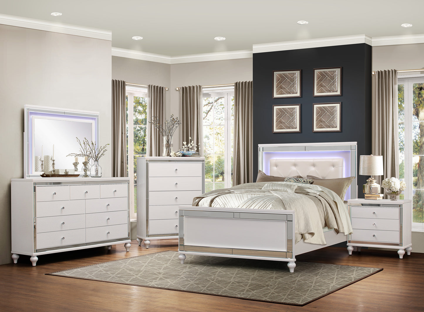 White upholstered king bed with LED headboard and mirrored accents perfect for modern bedrooms