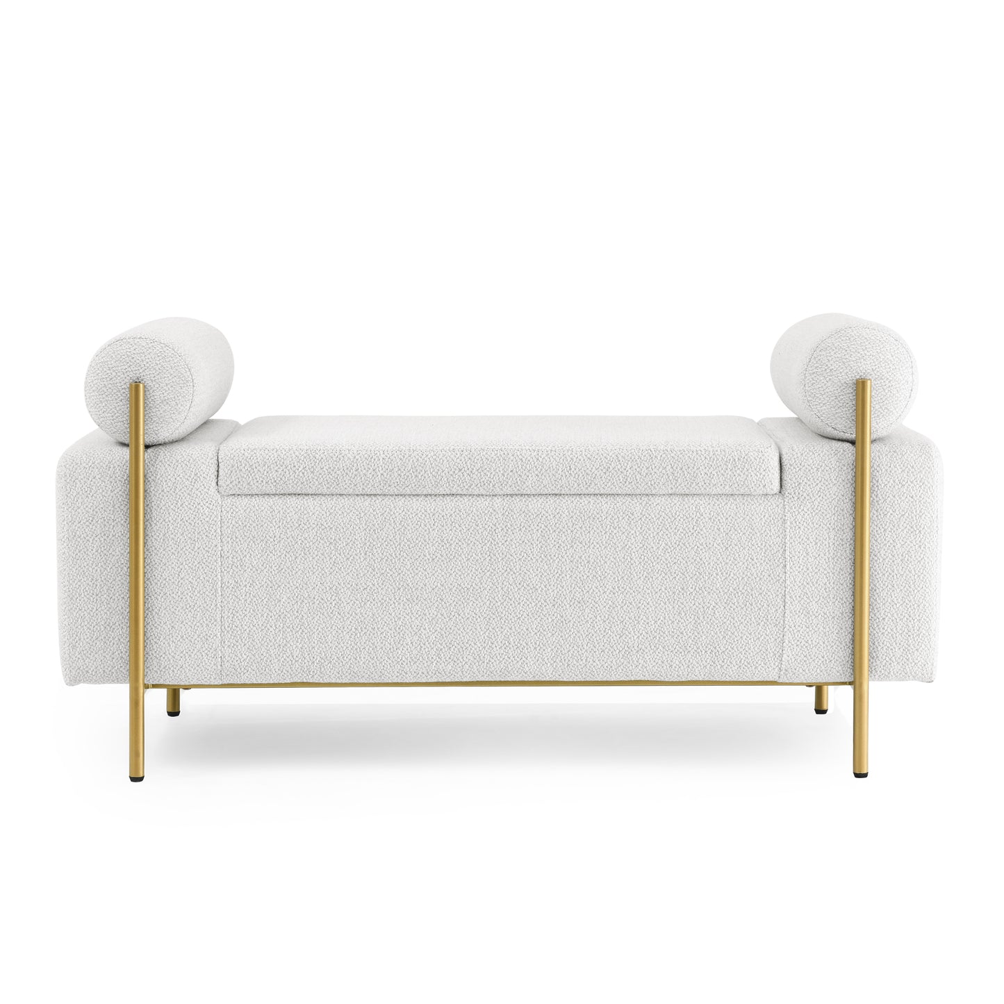 White boucle storage bench with gold metal legs and rolled armrests
