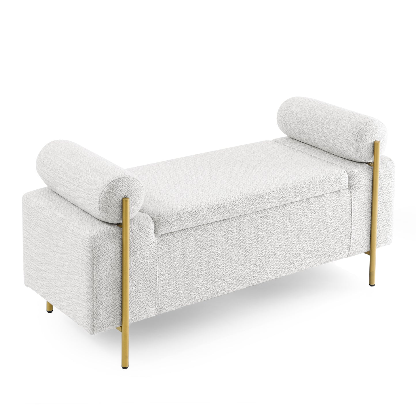 White boucle storage bench with gold legs and bolster pillows